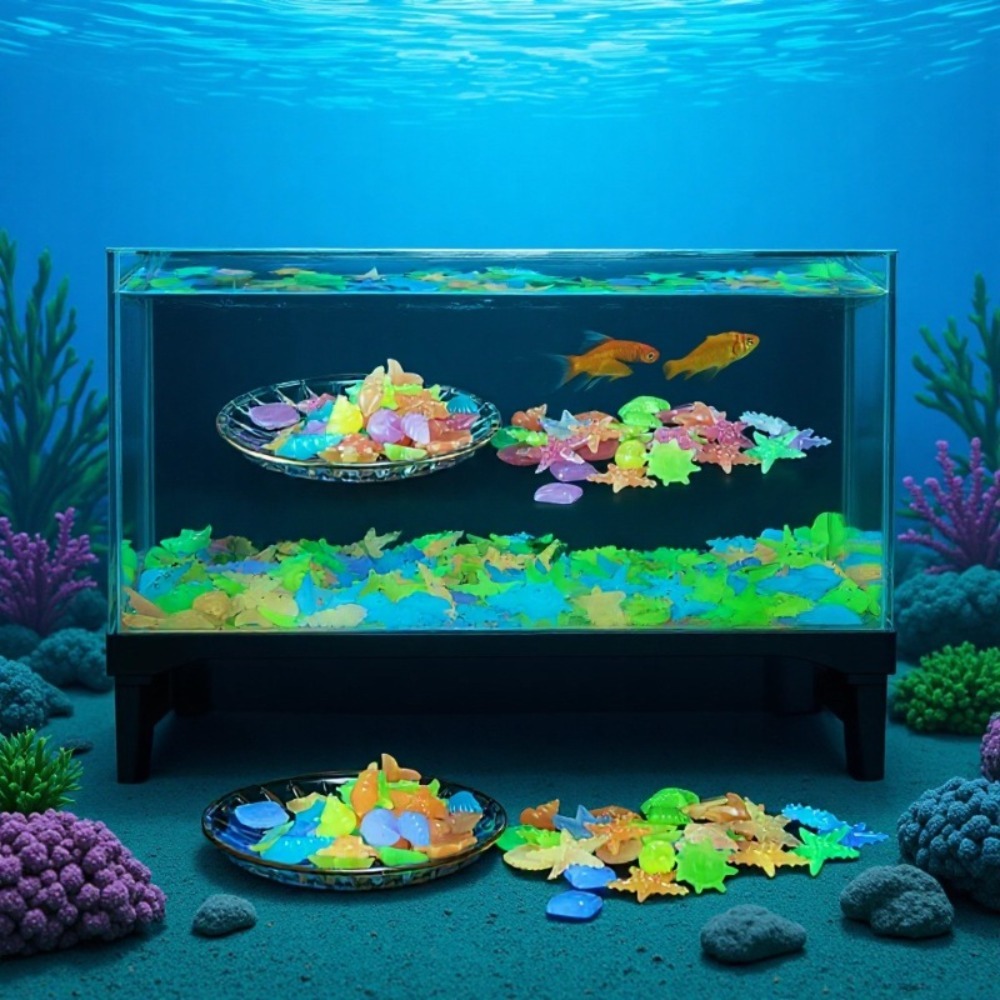 Planted Aquarium With Fish - หินเรืองแสงในทะเล เปลือกหอยเรืองแสง ปลาดาวหลากสีสัน สำหรับตกแต่งตู้ปลา ตกแต่งภูมิทัศน์ ให้แสงสว่างในตู้ปลา